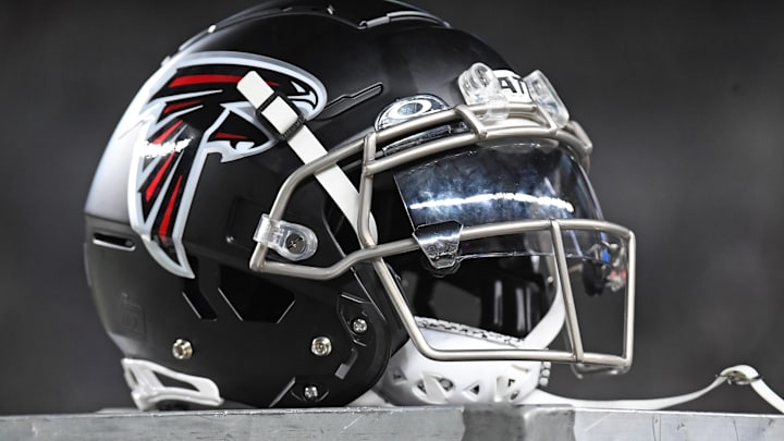 Sep 16, 2024; Philadelphia, Pennsylvania, USA; Atlanta Falcons helmet on the sidelines before game against the Philadelphia Eagles at Lincoln Financial Field. Mandatory Credit: Eric Hartline-Imagn Images