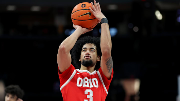 Jan 26, 2026; Columbus, Ohio, USA; Ohio State Buckeyes guard Taison Chatman (3) shoots a free throw during the second half against the Penn State Nittany Lions at Value City Arena. Mandatory Credit: Joseph Maiorana-Imagn Images