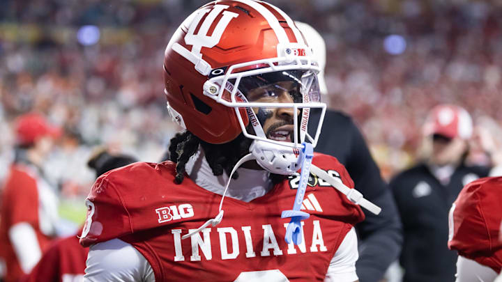 Jan 19, 2026; Miami Gardens, FL, USA; Indiana Hoosiers wide receiver Omar Cooper Jr. (3) against the Miami Hurricanes in the College Football Playoff National Championship game at Hard Rock Stadium. Mandatory Credit: Mark J. Rebilas-Imagn Images
