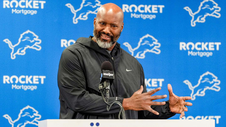 Detroit Lions Executive Vice President & General Manager Brad Holmes speaks to the press about their season, how it ended and what’s next at the Detroit Lions headquarters and training facility in Allen Park, Mich., Thursday, Jan. 23, 2025.