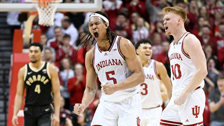 Indiana Hoosiers forward Malik Reneau (5) and Indiana Hoosiers forward Luke Goode (10) celebrate after a play during the second half against the Purdue Boilermakers at Simon Skjodt Assembly Hall.