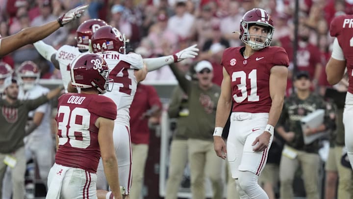 Nov 15, 2025; Tuscaloosa, Alabama, USA; Alabama Crimson Tide kicker Conor Talty (31) reacts after missing a field goal to end the first half against the Oklahoma Sooners. Nov 15, 2025; Tuscaloosa, Alabama, USA; Alabama Crimson Tide kicker Conor Talty (31) reacts after missing a field goal to end the first half against the Oklahoma Sooners.