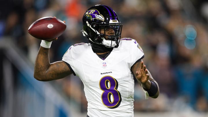 Dec 17, 2023; Jacksonville, Florida, USA; Baltimore Ravens quarterback Lamar Jackson (8) drops back to pass against the Jacksonville Jaguars in the first quarter at EverBank Stadium. Mandatory Credit: Nathan Ray Seebeck-USA TODAY Sports Dec 17, 2023; Jacksonville, Florida, USA; Baltimore Ravens quarterback Lamar Jackson (8) drops back to pass against the Jacksonville Jaguars in the first quarter at EverBank Stadium. Mandatory Credit: Nathan Ray Seebeck-USA TODAY Sports
