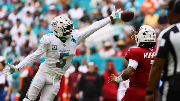 Miami Dolphins cornerback Jalen Ramsey block a pass from Arizona Cardinals quarterback Kyler Murray.