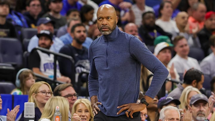 Orlando Magic head coach Jamahl Mosley looks at the clock during the second quarter against the Washington Wizards at Kia Center.