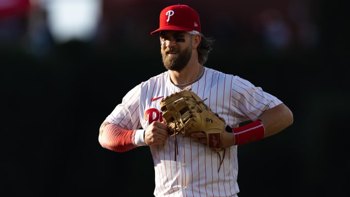 Jul 9, 2024; Philadelphia, Pennsylvania, USA; Philadelphia Phillies first baseman Bryce Harper (3) plays first base during the first inning against the Los Angeles Dodgers at Citizens Bank Park. Jul 9, 2024; Philadelphia, Pennsylvania, USA; Philadelphia Phillies first baseman Bryce Harper (3) plays first base during the first inning against the Los Angeles Dodgers at Citizens Bank Park.