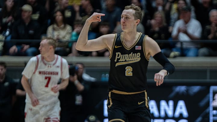 Purdue Boilermakers guard Fletcher Loyer (2) celebrates making a three-pointer.