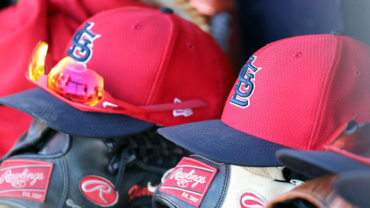 Mar 6, 2019; Tampa, FL, USA; St. Louis Cardinals hat and gloves lay in the dugout at George M. Steinbrenner Field. Mandatory Credit: Kim Klement-Imagn Images Mar 6, 2019; Tampa, FL, USA; St. Louis Cardinals hat and gloves lay in the dugout at George M. Steinbrenner Field. Mandatory Credit: Kim Klement-Imagn Images