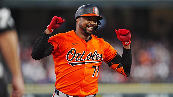 Aug 31, 2024; Denver, Colorado, USA; Baltimore Orioles designated hitter Eloy Jimenez celebrates his solo home run.
