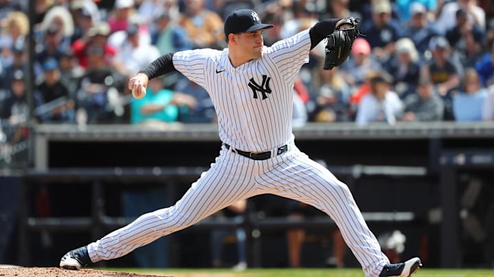 Mar 8, 2020; Tampa, Florida, USA;  New York Yankees relief pitcher Adam Ottavino (0) throws a pitch during the fifth inning against the Atlanta Braves at George M. Steinbrenner Field. Mandatory Credit: Kim Klement-Imagn Images