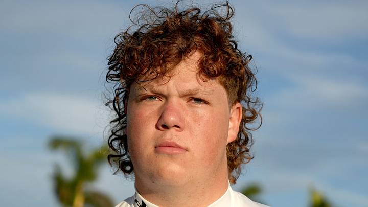 (#43) Breck Kolojay, OL, 6'6, 317 pounds, for the white team, Class of 2026, during IMG's Academy Pro Day held at IMG's football field in Bradenton, FL on Thursday, Feb, 27, 2025. (#43) Breck Kolojay, OL, 6'6, 317 pounds, for the white team, Class of 2026, during IMG's Academy Pro Day held at IMG's football field in Bradenton, FL on Thursday, Feb, 27, 2025.