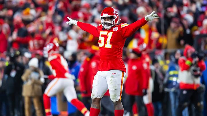 Jan 26, 2025; Kansas City, MO, USA; Kansas City Chiefs defensive end Mike Danna (51) celebrates against the Buffalo Bills in the AFC Championship Game Jan 26, 2025; Kansas City, MO, USA; Kansas City Chiefs defensive end Mike Danna (51) celebrates against the Buffalo Bills in the AFC Championship Game