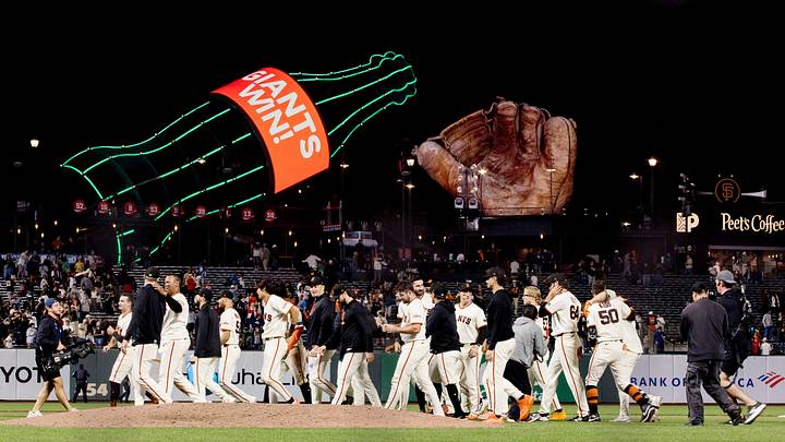San Francisco Giants third baseman Shay Whitcomb (13) celebrates with teammates after hitting a walk-off RBI infield single. Credit: John Hefti-Imagn Images TPX IMAGES OF THE DAY San Francisco Giants third baseman Shay Whitcomb (13) celebrates with teammates after hitting a walk-off RBI infield single. Credit: John Hefti-Imagn Images TPX IMAGES OF THE DAY