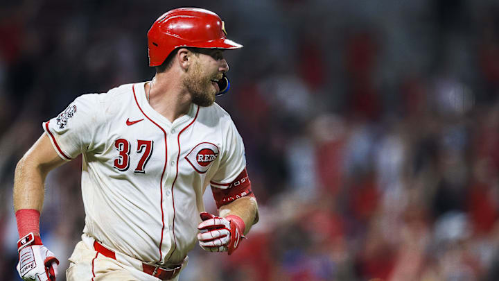 Sep 24, 2025; Cincinnati, Ohio, USA; Cincinnati Reds catcher Tyler Stephenson (37) reacts after hitting a solo home run in the ninth inning against the Pittsburgh Pirates at Great American Ball Park. Mandatory Credit: Katie Stratman-Imagn Images