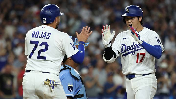 Aug 12, 2026; Los Angeles, California, USA; Los Angeles Dodgers two-way player Shohei Ohtani (17) celebrates with second baseman Miguel Rojas (72) after hitting a two run home run against the Kansas City Royals in the third inning at Dodger Stadium. Mandatory Credit: Kiyoshi Mio-Imagn Images Aug 12, 2026; Los Angeles, California, USA; Los Angeles Dodgers two-way player Shohei Ohtani (17) celebrates with second baseman Miguel Rojas (72) after hitting a two run home run against the Kansas City Royals in the third inning at Dodger Stadium. Mandatory Credit: Kiyoshi Mio-Imagn Images