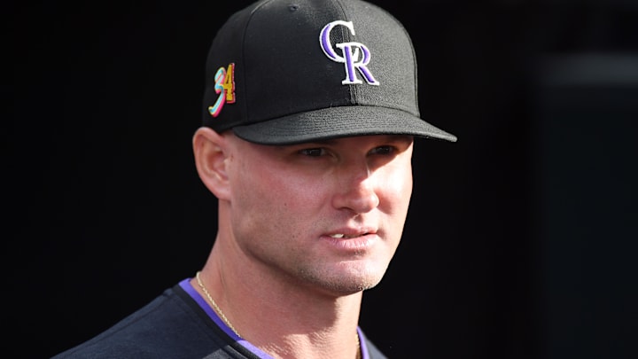 Colorado Rockies interim manager Warren Schaeffer (34) looks on from the bench before the game against the Arizona Diamondbacks at Coors Field. 