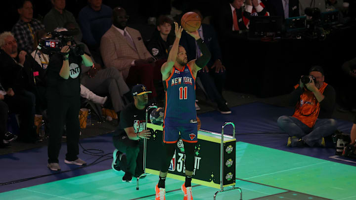 Feb 17, 2024; Indianapolis, IN, USA; New York Knicks guard Jalen Brunson (11) competes in the Starry 3-Point Contest during NBA All Star Saturday Night at Lucas Oil Stadium. Mandatory Credit: Trevor Ruszkowski-Imagn Images