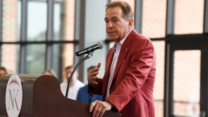 Nick Saban makes his remarks to the assembled crowd of friends, supporters and agencies Wednesday, Aug. 14, 2024, at Bryant-Denny Stadium during the annual Nick’s Kids Foundation Luncheon. Nick Saban makes his remarks to the assembled crowd of friends, supporters and agencies Wednesday, Aug. 14, 2024, at Bryant-Denny Stadium during the annual Nick’s Kids Foundation Luncheon.