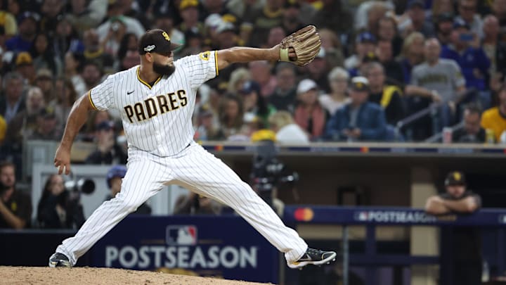 Oct 14, 2022; San Diego, California, USA; San Diego Padres relief pitcher Luis Garcia (66) reacts after getting an out in the seventh inning against the Los Angeles Dodgers during game three of the NLDS for the 2022 MLB Playoffs at Petco Park. Mandatory Credit: Orlando Ramirez-Imagn Images