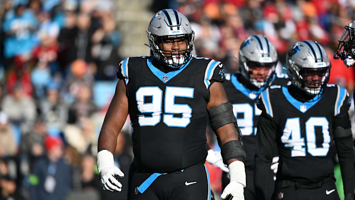 Jan 7, 2024; Charlotte, North Carolina, USA; Carolina Panthers defensive tackle Derrick Brown (95) reacts in the third quarter at Bank of America Stadium. Mandatory Credit: Bob Donnan-Imagn Images Jan 7, 2024; Charlotte, North Carolina, USA; Carolina Panthers defensive tackle Derrick Brown (95) reacts in the third quarter at Bank of America Stadium. Mandatory Credit: Bob Donnan-Imagn Images