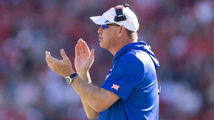 Nov 8, 2025; Tucson, Arizona, USA; Kansas Jayhawks head coach Lance Leipold against the Arizona Wildcats at Arizona Stadium. Mandatory Credit: Mark J. Rebilas-Imagn Images Nov 8, 2025; Tucson, Arizona, USA; Kansas Jayhawks head coach Lance Leipold against the Arizona Wildcats at Arizona Stadium. Mandatory Credit: Mark J. Rebilas-Imagn Images