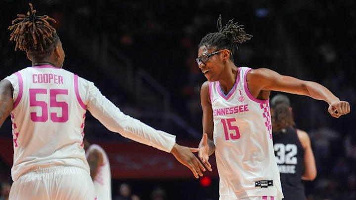 Tennessee guard Jaida Civil (15) high-flies Tennessee guard Talaysia Cooper (55) during a NCAA basketball game at Thompson-Boling Arena at Food City Center in Knoxville, Tenn., on Feb. 19, 2026. Tennessee guard Jaida Civil (15) high-flies Tennessee guard Talaysia Cooper (55) during a NCAA basketball game at Thompson-Boling Arena at Food City Center in Knoxville, Tenn., on Feb. 19, 2026.