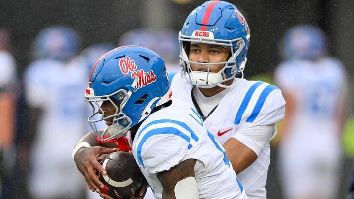 Oct 10, 2026; Nashville, Tennessee, USA; Mississippi Rebels quarterback Trinidad Chambliss (6) hands the ball off to running back Kewan Lacy (5) against the Vanderbilt Commodores during pre-game warmups at FirstBank Stadium. Mandatory Credit: Steve Roberts-Imagn Images Oct 10, 2026; Nashville, Tennessee, USA; Mississippi Rebels quarterback Trinidad Chambliss (6) hands the ball off to running back Kewan Lacy (5) against the Vanderbilt Commodores during pre-game warmups at FirstBank Stadium. Mandatory Credit: Steve Roberts-Imagn Images