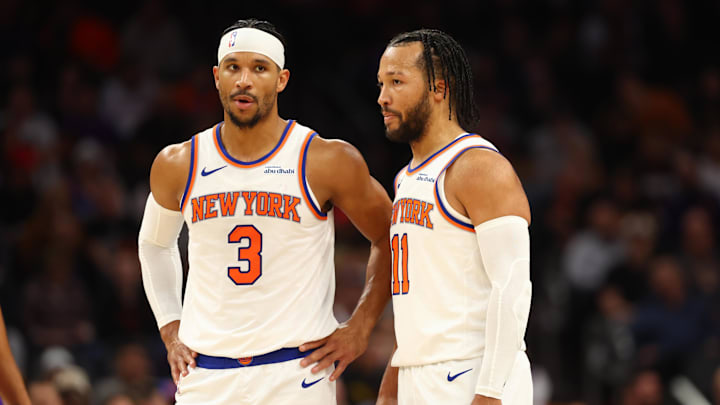 Nov 20, 2024; Phoenix, Arizona, USA; New York Knicks guard Josh Hart (3) and guard Jalen Brunson (11) against the Phoenix Suns at Footprint Center. Mandatory Credit: Mark J. Rebilas-Imagn Images