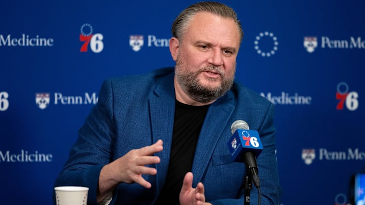 Dec 15, 2023; Philadelphia, Pennsylvania, USA; Philadelphia 76ers resident of Basketball Operations Daryl Morey speaks with the media before a game against the Detroit Pistons at Wells Fargo Center. Mandatory Credit: Bill Streicher-Imagn Images