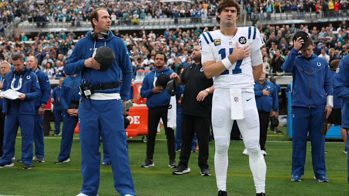 Dec 7, 2025; Jacksonville, Florida, USA; Indianapolis Colts head coach Shane Steichen and quarterback Daniel Jones (17) stand during the National Anthem prior to a game against the Jacksonville Jaguars at EverBank Stadium. Mandatory Credit: Matt Pendleton-Imagn Images