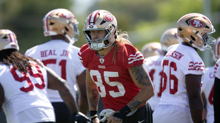 Jun 10, 2025; Santa Clara, CA, USA; San Francisco 49ers tight end George Kittle (85) works out with his teammates during an OTA at Levi's Stadium. Mandatory Credit: D. Ross Cameron-Imagn Images Jun 10, 2025; Santa Clara, CA, USA; San Francisco 49ers tight end George Kittle (85) works out with his teammates during an OTA at Levi's Stadium. Mandatory Credit: D. Ross Cameron-Imagn Images
