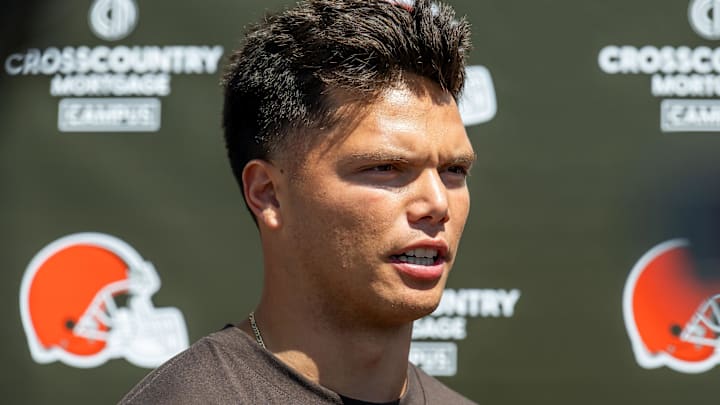 Cleveland Browns quarterback Dillon Gabriel (5) talks to the media during rookie minicamp at CrossCountry Mortgage Campus.