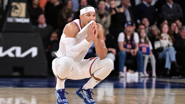 Nov 13, 2024; New York, New York, USA; New York Knicks guard Josh Hart (3) reacts after fouling Chicago Bulls guard Coby White (not pictured) during the second half at Madison Square Garden. Mandatory Credit: John Jones-Imagn Images