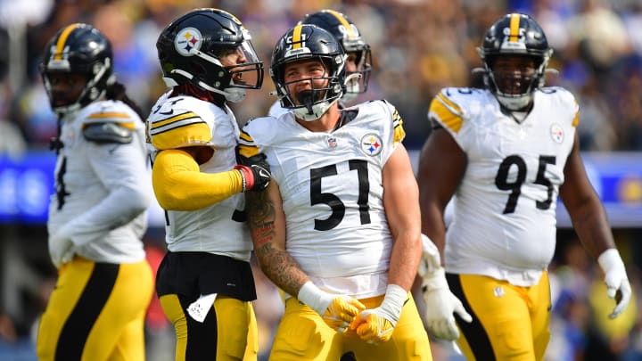 Oct 22, 2023; Inglewood, California, USA; Pittsburgh Steelers linebacker Nick Herbig (51) reacts after sacking Los Angeles Rams quarterback Matthew Stafford (9) during the first half at SoFi Stadium. Mandatory Credit: Gary A. Vasquez-USA TODAY Sports