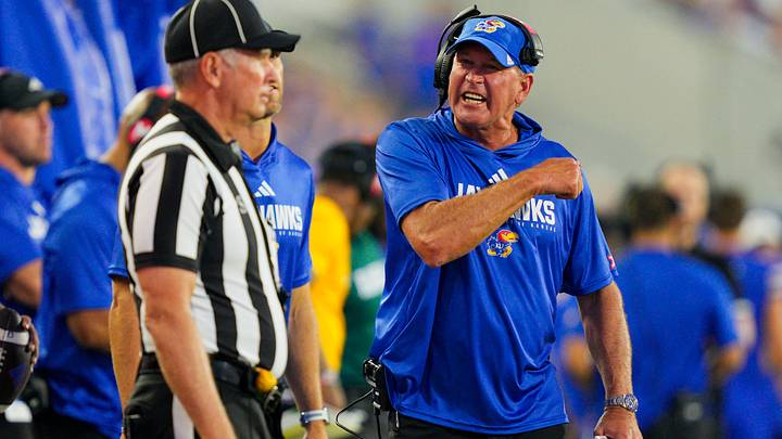 Aug 23, 2025; Lawrence, Kansas, USA; Kansas Jayhawks head coach Lance Leipold reacts after a play during the second half against the Fresno State Bulldogs at David Booth Kansas Memorial Stadium. Mandatory Credit: Jay Biggerstaff-Imagn Images Aug 23, 2025; Lawrence, Kansas, USA; Kansas Jayhawks head coach Lance Leipold reacts after a play during the second half against the Fresno State Bulldogs at David Booth Kansas Memorial Stadium. Mandatory Credit: Jay Biggerstaff-Imagn Images