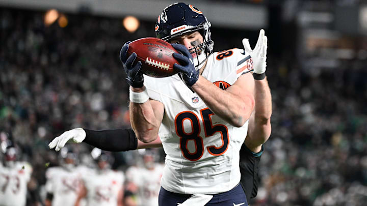 Cole Kmet hauls in the clinching touchdown toss from QB Caleb Williams Friday at Philadelphia. Cole Kmet hauls in the clinching touchdown toss from QB Caleb Williams Friday at Philadelphia.
