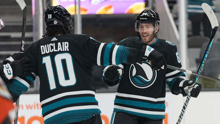 Feb 29, 2024; San Jose, California, USA;  San Jose Sharks center Mike Hoffman (68) celebrates with