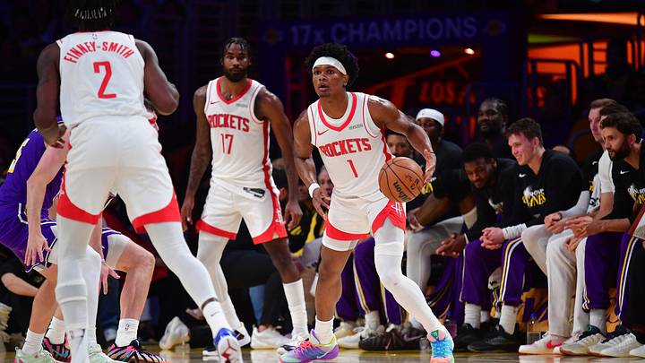 Apr 29, 2026; Los Angeles, California, USA; Houston Rockets guard Amen Thompson (1) controls the ball against the Los Angeles Lakers during the first half in game five of the first round of the 2026 NBA Playoffs at Crypto.com Arena. Mandatory Credit: Gary A. Vasquez-Imagn Images Apr 29, 2026; Los Angeles, California, USA; Houston Rockets guard Amen Thompson (1) controls the ball against the Los Angeles Lakers during the first half in game five of the first round of the 2026 NBA Playoffs at Crypto.com Arena. Mandatory Credit: Gary A. Vasquez-Imagn Images