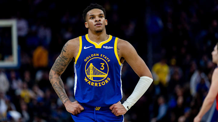 Mar 10, 2026; San Francisco, California, USA; Golden State Warriors guard Will Richard (3) during overtime against the Chicago Bulls at Chase Center. Mandatory Credit: Bob Kupbens-Imagn Images