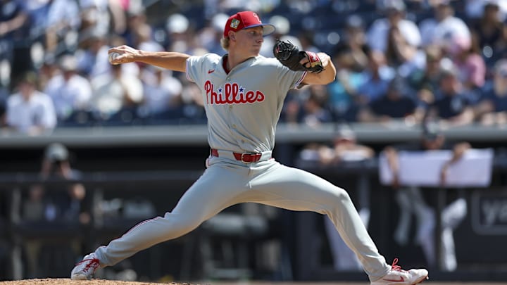 Mar 14, 2026; Tampa, Florida, USA; Philadelphia Phillies pitcher Seth Johnson (51) throws a pitch against the New York Yankees in the eighth inning during spring training at George M. Steinbrenner Field. Mandatory Credit: Nathan Ray Seebeck-Imagn Images Mar 14, 2026; Tampa, Florida, USA; Philadelphia Phillies pitcher Seth Johnson (51) throws a pitch against the New York Yankees in the eighth inning during spring training at George M. Steinbrenner Field. Mandatory Credit: Nathan Ray Seebeck-Imagn Images