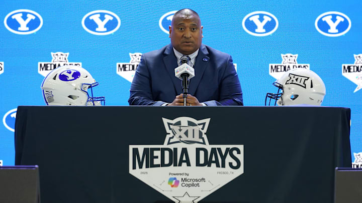 Jul 8, 2025; Frisco, TX, USA; BYU head coach Kalani Sitake addresses the media during 2025 Big 12 Football Media Days at The Star. Mandatory Credit: Raymond Carlin III-Imagn Images