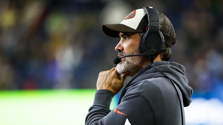 Aug 24, 2024; Seattle, Washington, USA; Cleveland Browns head coach Kevin Stefanski watches a play against the Seattle Seahawks during the second quarter at Lumen Field.