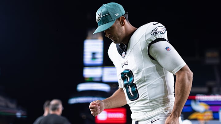 Aug 24, 2023; Philadelphia, Pennsylvania, USA; Philadelphia Eagles quarterback Marcus Mariota (8)