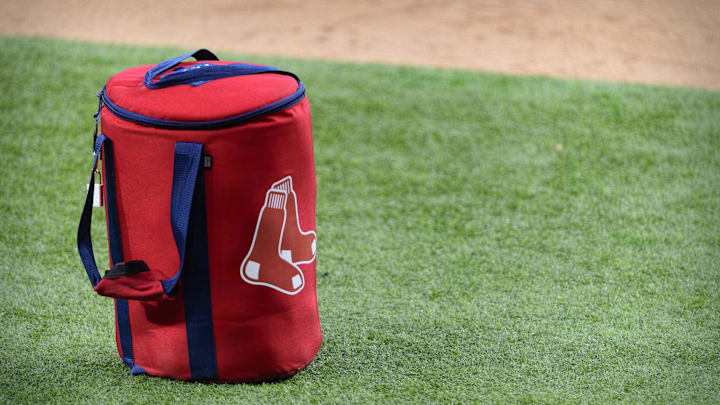 Apr 29, 2021; Arlington, Texas, USA; A view of the Boston Red Sox logo and a field bag during batting practice before the game between the Texas Rangers and the Boston Red Sox at Globe Life Field. Mandatory Credit: Jerome Miron-Imagn Images Apr 29, 2021; Arlington, Texas, USA; A view of the Boston Red Sox logo and a field bag during batting practice before the game between the Texas Rangers and the Boston Red Sox at Globe Life Field. Mandatory Credit: Jerome Miron-Imagn Images