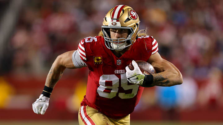 Dec 30, 2024; Santa Clara, California, USA; San Francisco 49ers tight end George Kittle (85) during the game against the Detroit Lions at Levi's Stadium. Mandatory Credit: Sergio Estrada-Imagn Images