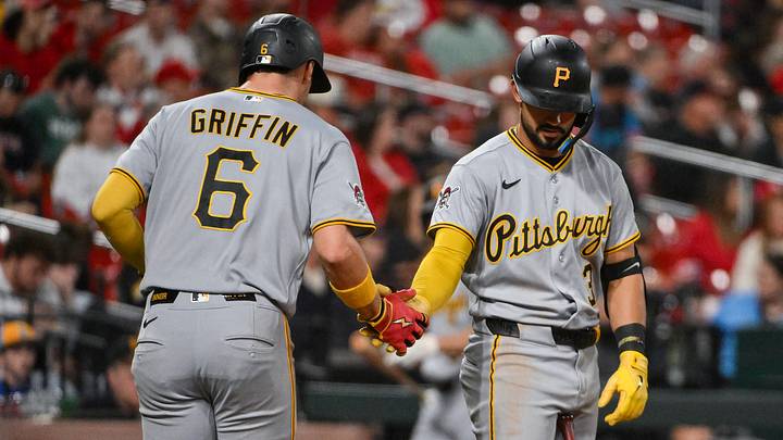 May 20, 2026; St. Louis, Missouri, USA; Pittsburgh Pirates shortstop Konnor Griffin (6) is congratulated by third baseman Nick Gonzales (3) after scoring against the St. Louis Cardinals during the eighth inning at Busch Stadium. Mandatory Credit: Jeff Curry-Imagn Images May 20, 2026; St. Louis, Missouri, USA; Pittsburgh Pirates shortstop Konnor Griffin (6) is congratulated by third baseman Nick Gonzales (3) after scoring against the St. Louis Cardinals during the eighth inning at Busch Stadium. Mandatory Credit: Jeff Curry-Imagn Images
