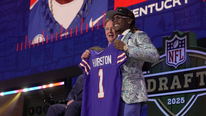 Kentucky Wildcats cornerback Maxwell Hairston poses with NFL commissioner Roger Goodell after being selected