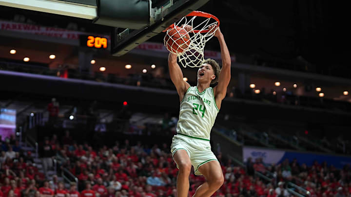 Storm Lake junior Jaidyn Coon dunks the basketball against ADM during the Iowa high school boys state basketball tournament on Monday, March 10, 2025, at Wells Fargo Arena in Des Moines. Mandatory Credit: Bryon Houlgrave-The Des Moines Register
