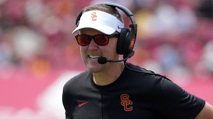 Southern California Trojans head coach Lincoln Riley reacts against the San Jose State Spartans in the first half at United Airlines Field at Los Angeles Memorial Coliseum. Southern California Trojans head coach Lincoln Riley reacts against the San Jose State Spartans in the first half at United Airlines Field at Los Angeles Memorial Coliseum.