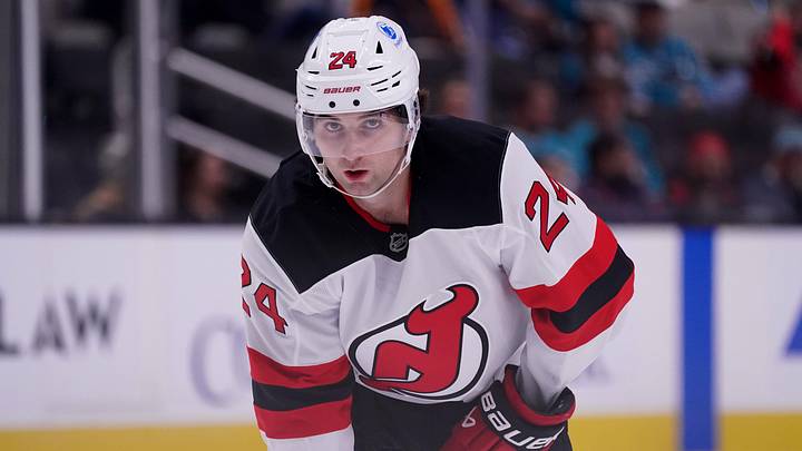 Oct 30, 2025; San Jose, California, USA; New Jersey Devils defenseman Seamus Casey (24) waits for play to resume in the second period against the San Jose Sharks at SAP Center at San Jose. Mandatory Credit: David Gonzales-Imagn Images